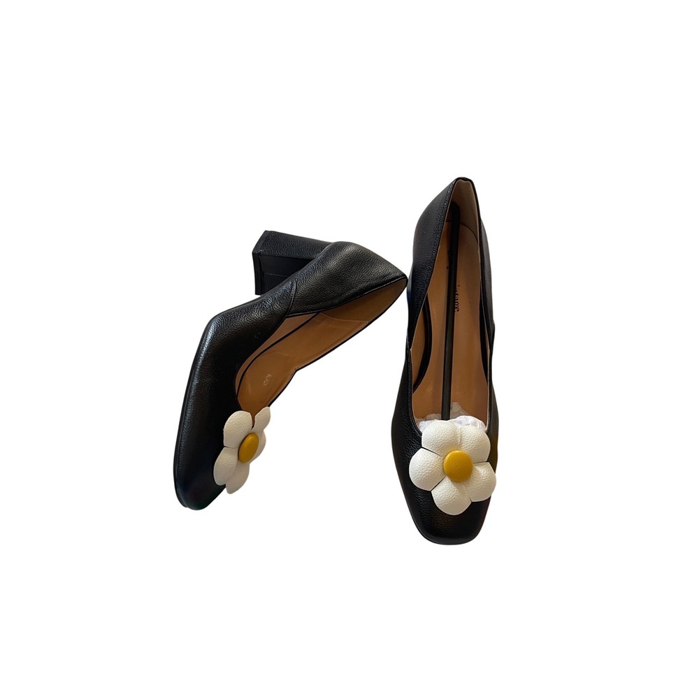 NEW Unique Vintage Black Daisy Block Heel Pumps Square Toe Floral Shoes Size 7‎